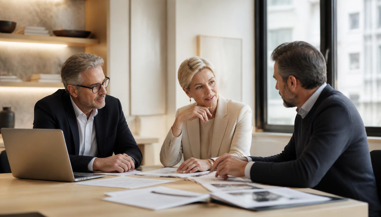 Three senior professionals in a small working discussion around a light wood table in a refined contemporary office
